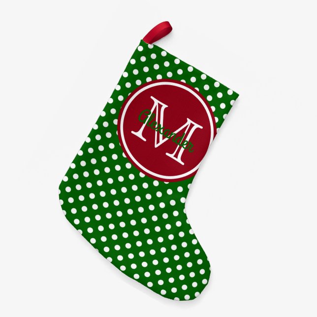 Holiday Green and Red Polka Dot Monogram Small Christmas Stocking (Front (Hanging))