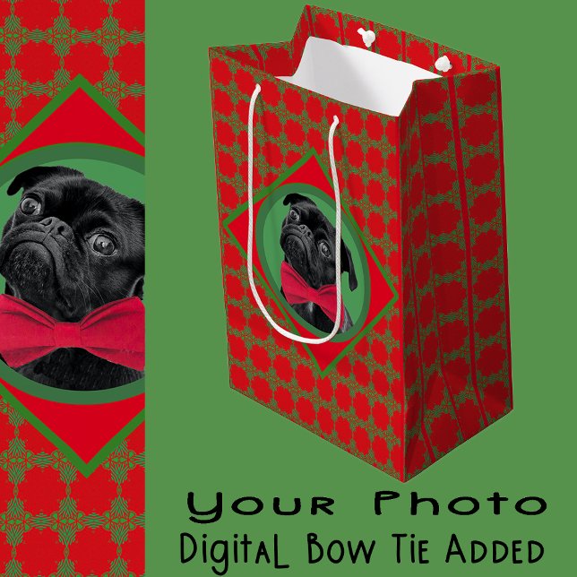 Holiday Green and Red with Your Photo and Bow Tie Medium Gift Bag (Creator Uploaded)