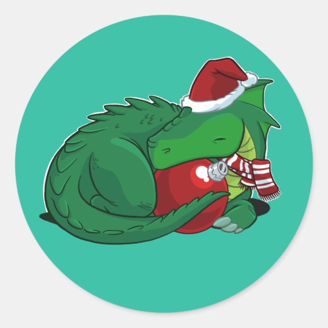 Holiday Green Dragon Classic Round Sticker (Front)
