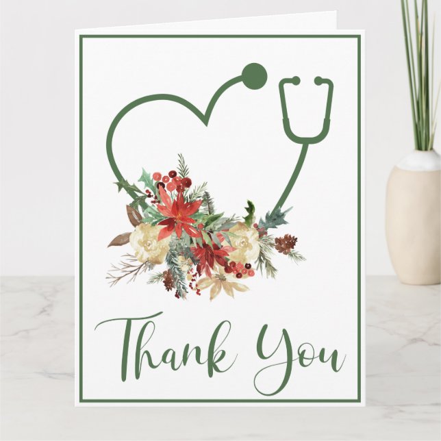Holiday Green Floral Stethoscope Heart Thank You (Front)