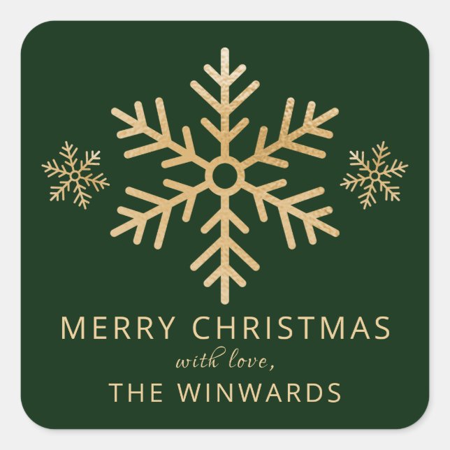 Holiday Green & Gold Foil Christmas Snowflake Square Sticker (Front)
