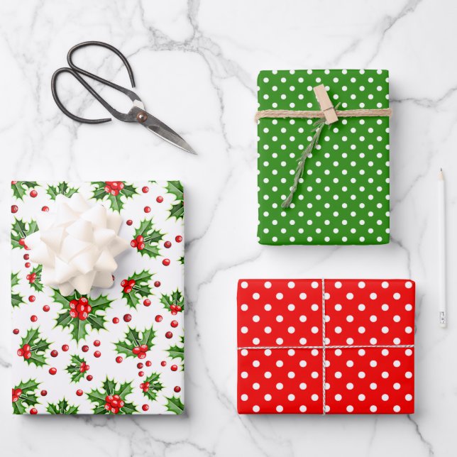 Holiday Green Holly Red Berries Polka Dots Pattern Wrapping Paper Sheet (Front)