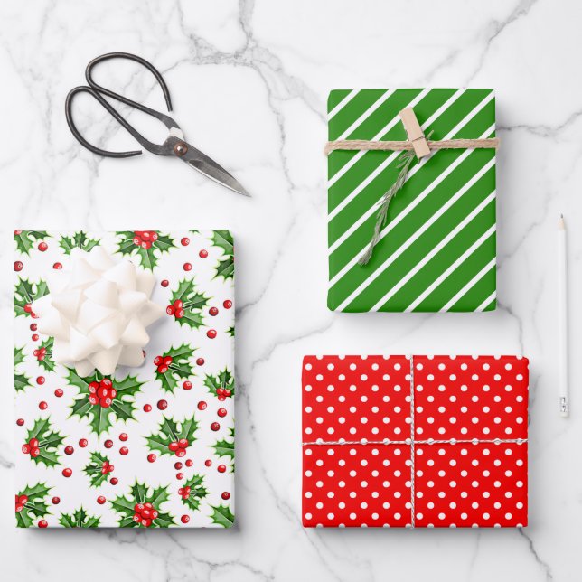Holiday Green Holly Red Berries Polka Dots Pattern Wrapping Paper Sheet (Front)