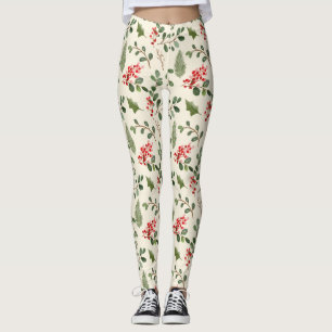 Holiday Green Holly Red Berry Christmas Pattern  Leggings
