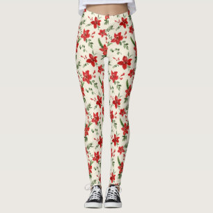 Holiday Green Holly Red Floral Christmas Pattern  Leggings