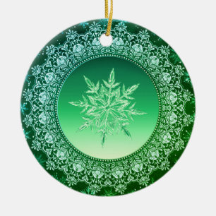 Holiday Green Ice Crystal Snowflake Ceramic Tree Decoration