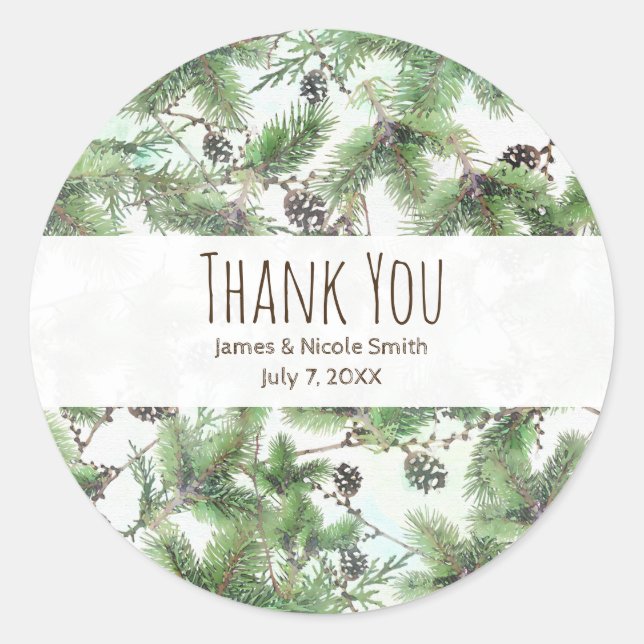 Holiday Green & Pine Cones Country Winter Wedding Classic Round Sticker (Front)