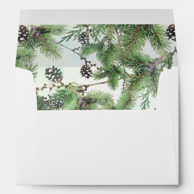 Holiday Green & Pine Cones Country Winter Wedding Envelopes (Back (Bottom))