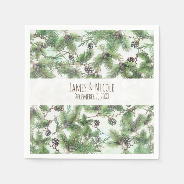 Holiday Green & Pine Cones Country Winter Wedding Napkin (Front)