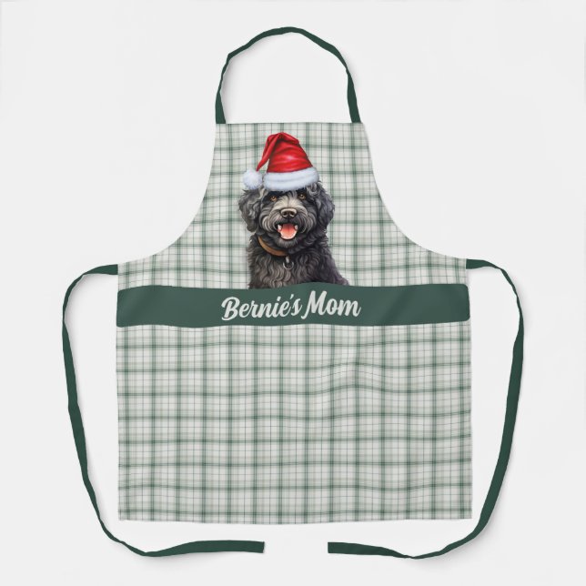 Holiday Green Plaid Barbet Dog Christmas Apron (Front)