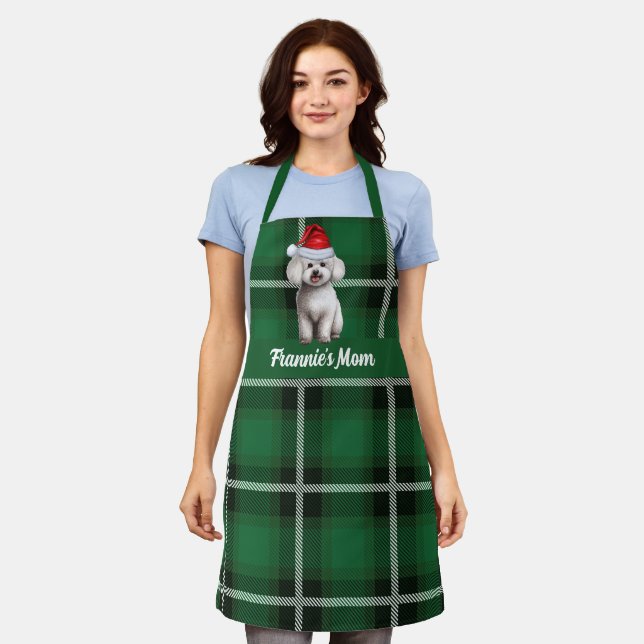 Holiday Green Plaid Bichon Frise Dog Christmas Apron (Worn)