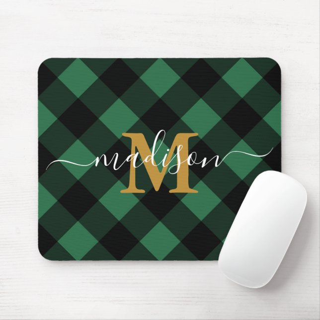 Holiday Green Plaid with Monogram and Name Mouse Mat (With Mouse)