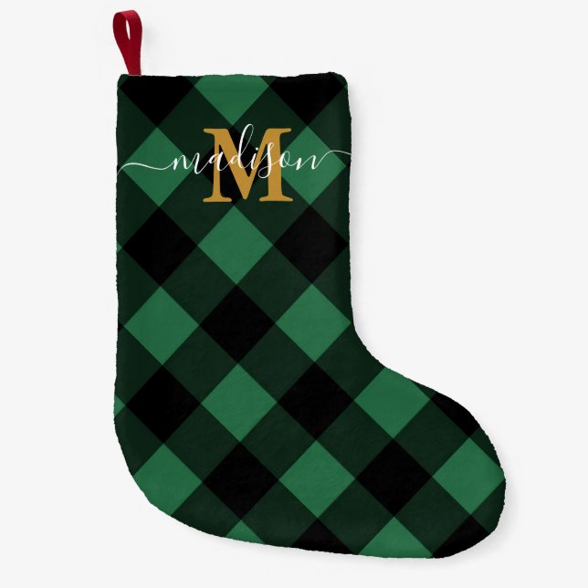 Holiday Green Plaid with Monogram and Name Small Christmas Stocking (Front)