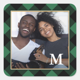 Holiday Green Plaid with Monogram Photo Square Sticker