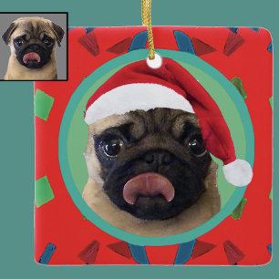 Holiday Green Red Your Dog Photo-Add Our Santa Hat Ceramic Ornament