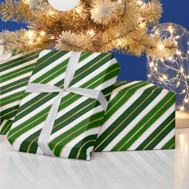 Holiday Green, White & Gold Foil Christmas Stripes Wrapping Paper (Holidays)