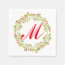 Holiday Green Wreath Red Monogram Paper