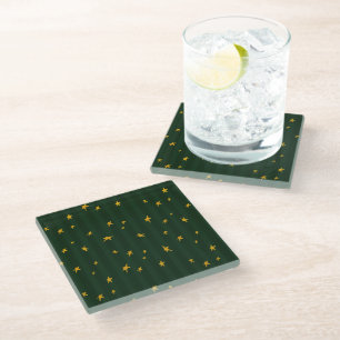Holiday Green Yellow Stripe Star Christmas Glass Coaster