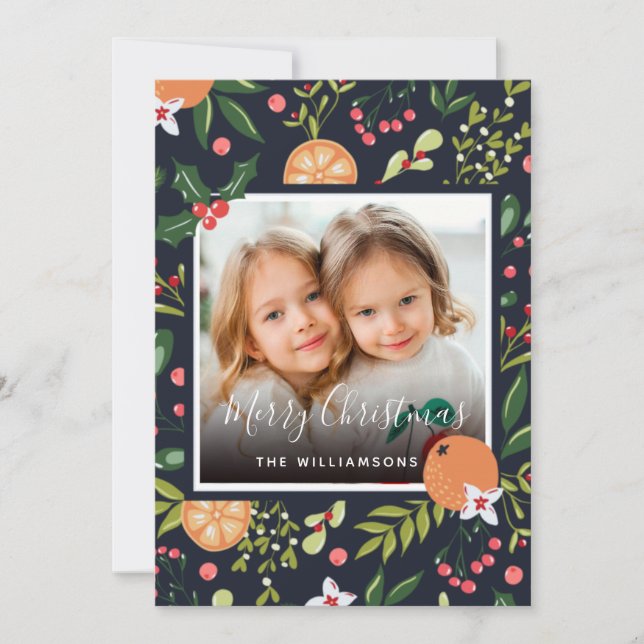Holiday Greenery and Citrus Photo Christmas Card  (Front)