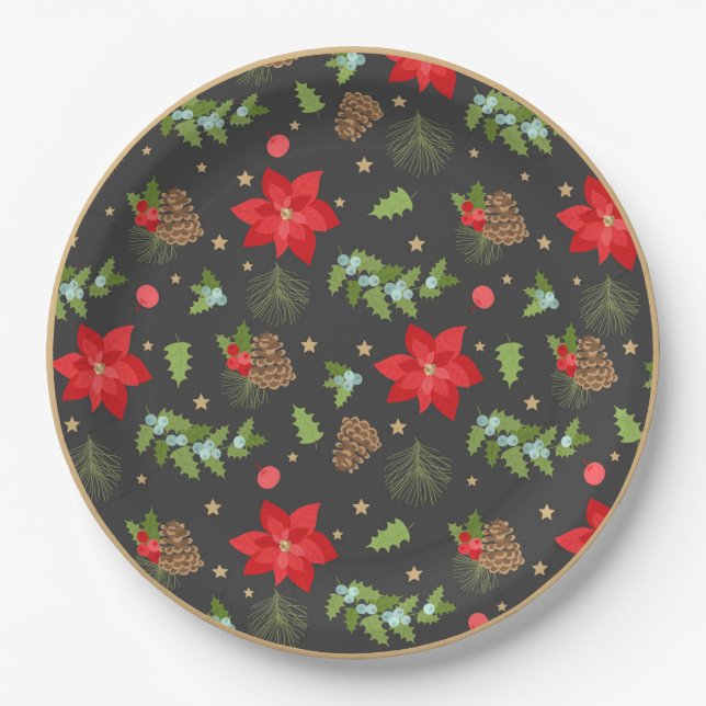 Holiday Greenery and Poinsettia Christmas Plate (Front)