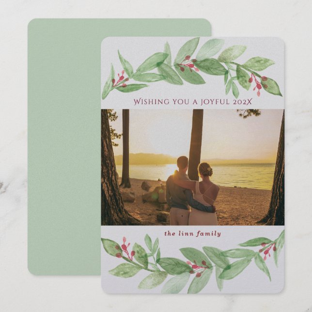 Holiday Greenery Berries Joyful Family Photo (Front/Back)