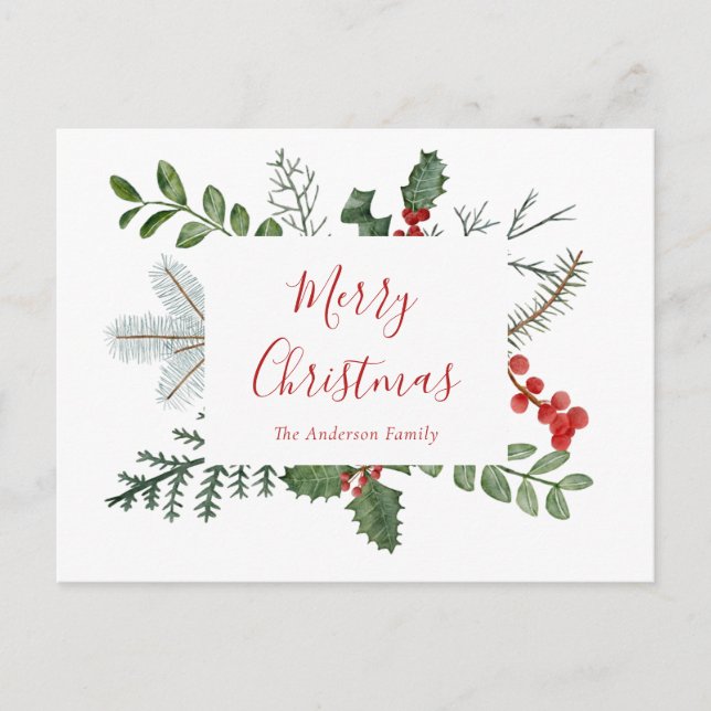 Holiday Greenery & Holly Berry Christmas Postcard (Front)