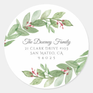 Holiday greenery leaves and berries Return Address Classic Round Sticker