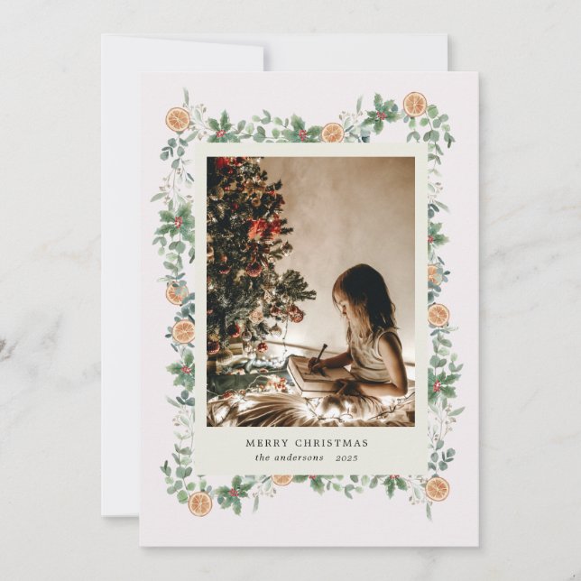 Holiday Greenery Oranges Photo Holiday Card (Front)