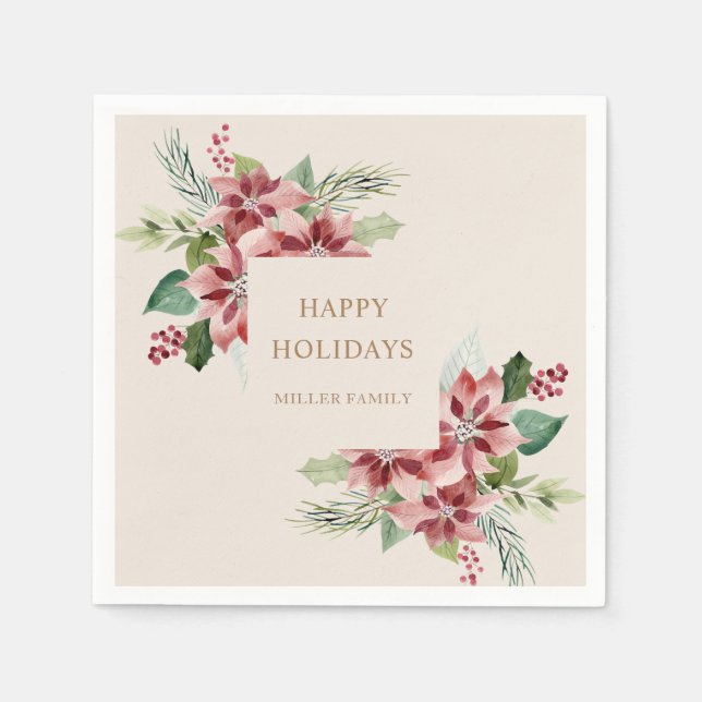 holiday greenery poinsettia christmas party napkin (Front)