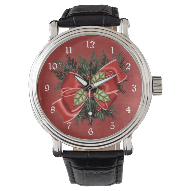 Holiday Greenery & Pretty Red Bow Christmas Watch (Front)