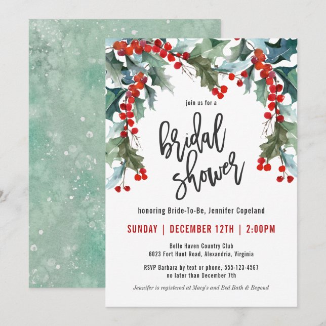 Holiday Greenery Watercolor Bridal Shower Invitation (Front/Back)