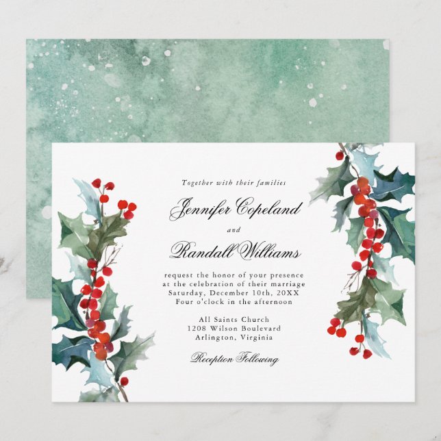 Holiday Greenery Watercolor Wedding Invitation (Front/Back)