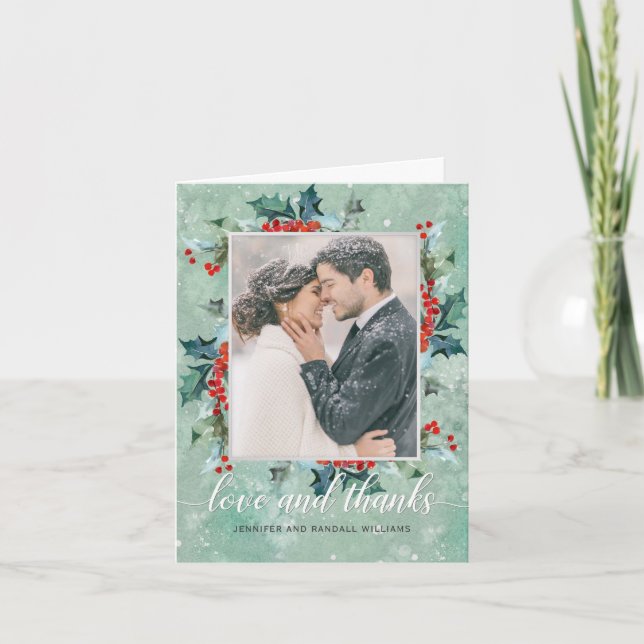 Holiday Greenery Wedding Photo Thank You Card (Front)