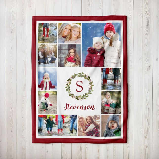 Holiday Greenery Wreath Family Monogram 12 Photo Fleece Blanket (Creator Uploaded)