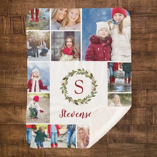 Holiday Greenery Wreath Family Monogram 12 Photo Sherpa Blanket