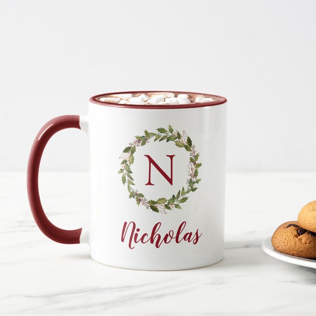 Holiday Greenery Wreath Family Monogram Mug (Creator Uploaded)