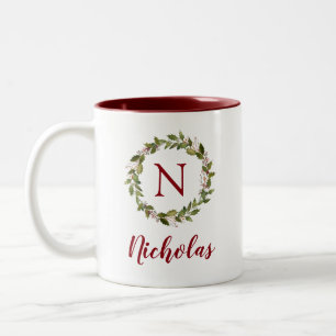 Holiday Greenery Wreath Family Monogram Two-Tone Coffee Mug