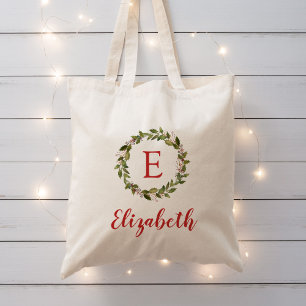 Holiday Greenery Wreath Monogram Reusable Gift Tote Bag