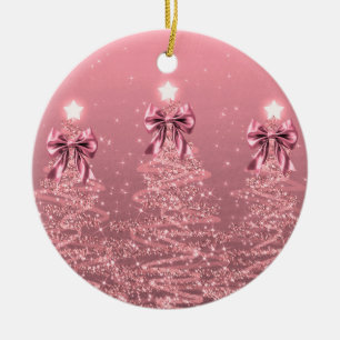 Holiday Greeting Blush Pink Christmas Trees Bows Ceramic Tree Decoration