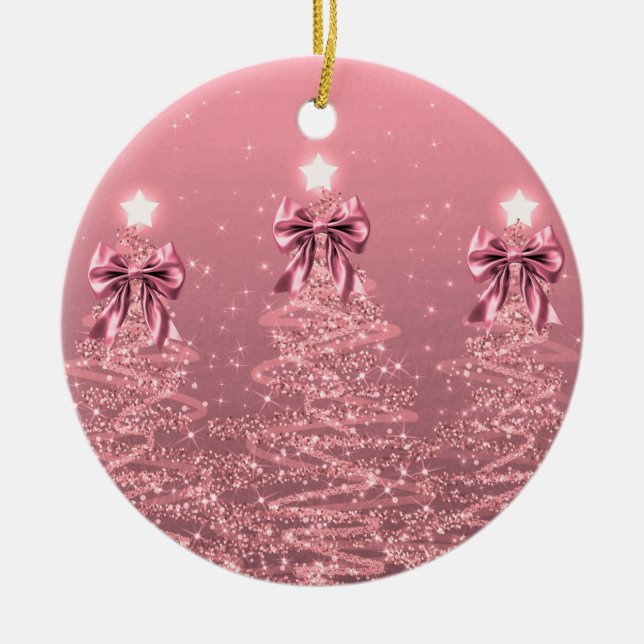 Holiday Greeting Blush Pink Christmas Trees Bows Ceramic Tree Decoration (Front)