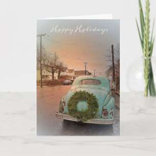 Holiday Greeting Card Vintage Car Memory Wreath 