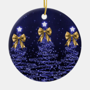Holiday Greeting Navy Blue Christmas Trees Gold  Ceramic Tree Decoration