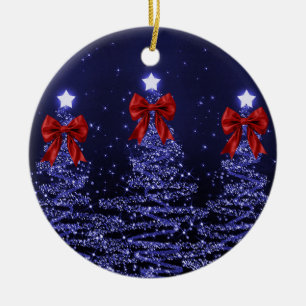 Holiday Greeting Navy Blue Christmas Trees Red  Ceramic Tree Decoration