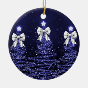 Holiday Greeting Navy Blue Christmas Trees Silver Ceramic Tree Decoration