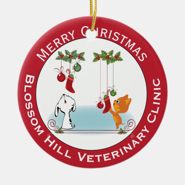 Holiday Greeting Pets From Your Veterinary Clinic Ceramic Tree Decoration (Front)