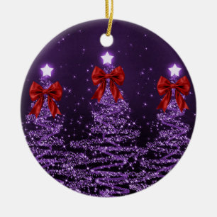 Holiday Greeting Purple Christmas Trees Red Bows Ceramic Tree Decoration