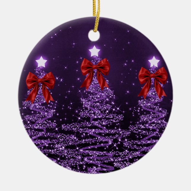 Holiday Greeting Purple Christmas Trees Red Bows Ceramic Tree Decoration (Front)