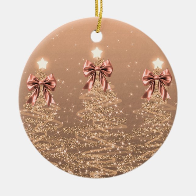 Holiday Greeting Rose Gold Christmas Trees Bows Ceramic Tree Decoration (Front)