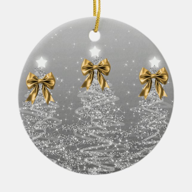Holiday Greeting Silver Christmas Trees Gold Bows Ceramic Tree Decoration (Front)