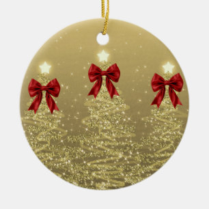 Holiday Greetings Gold Christmas Trees w/ Red Bows Ceramic Tree Decoration